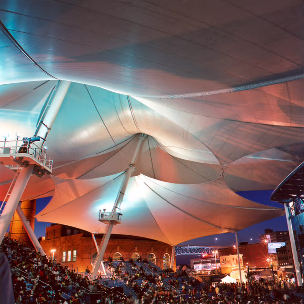Nighttime view of the canopies at Jacobs Pavilion in Cleveland, Ohio.