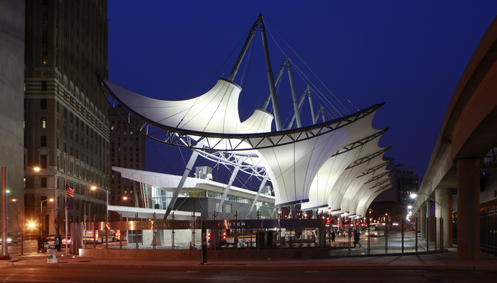 Nighttime view of canopies at the Rosa Parks Transit Center in Detroit, Michigan.