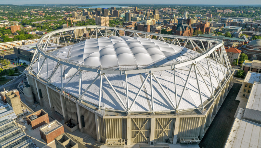 Daytime view of the roof at JMA Wireless Dome in Syracuse, New York.