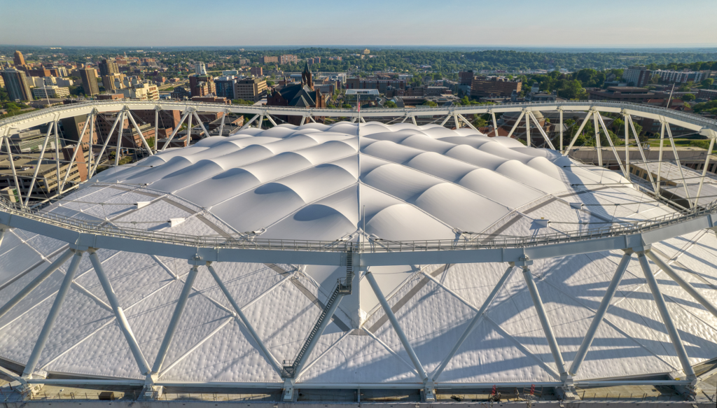 Daytime view of the roof at JMA Wireless Dome in Syracuse, New York.