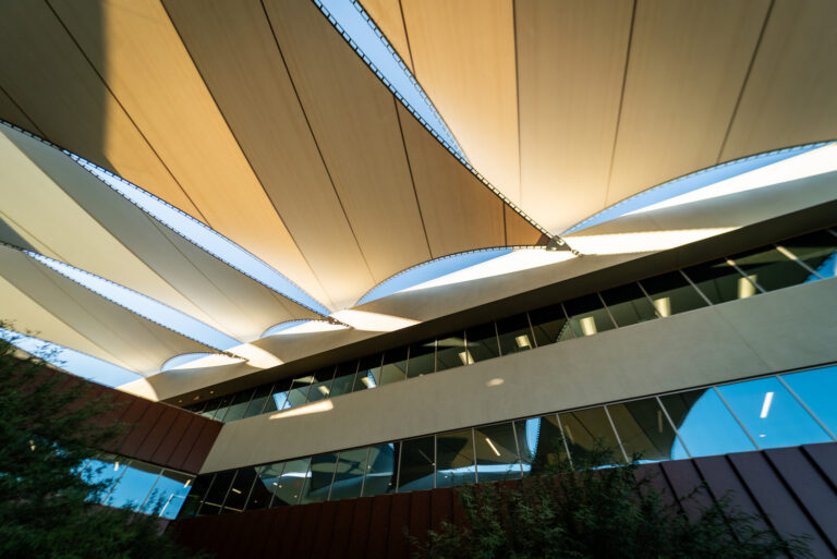 Daytime view of the canopies at Mayo Clini’s Integrated Education & Research Building in Phoenix, Arizona.