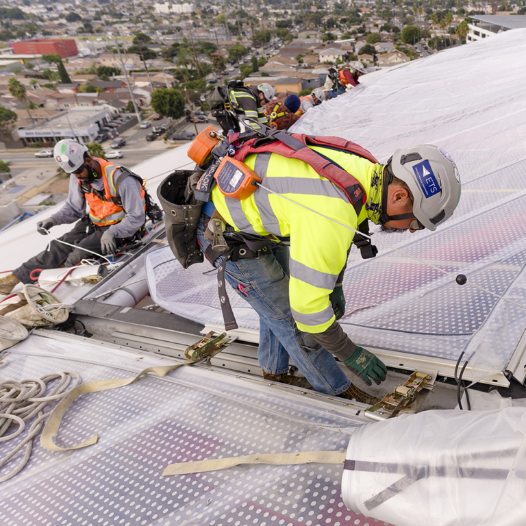 Installation of the atrium canopy at Intuit Dome in Los Angeles, California.