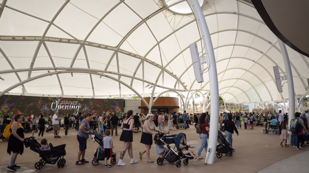 Daytime view of the VyStar SkyScape covered entrance and walkway at the Jacksonville Zoo.