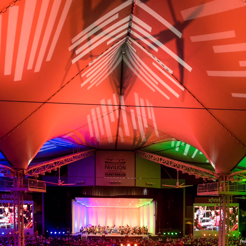 Nighttime view of canopies at the Cynthia Woods Mitchell Pavilion in The Woodlands, TX.