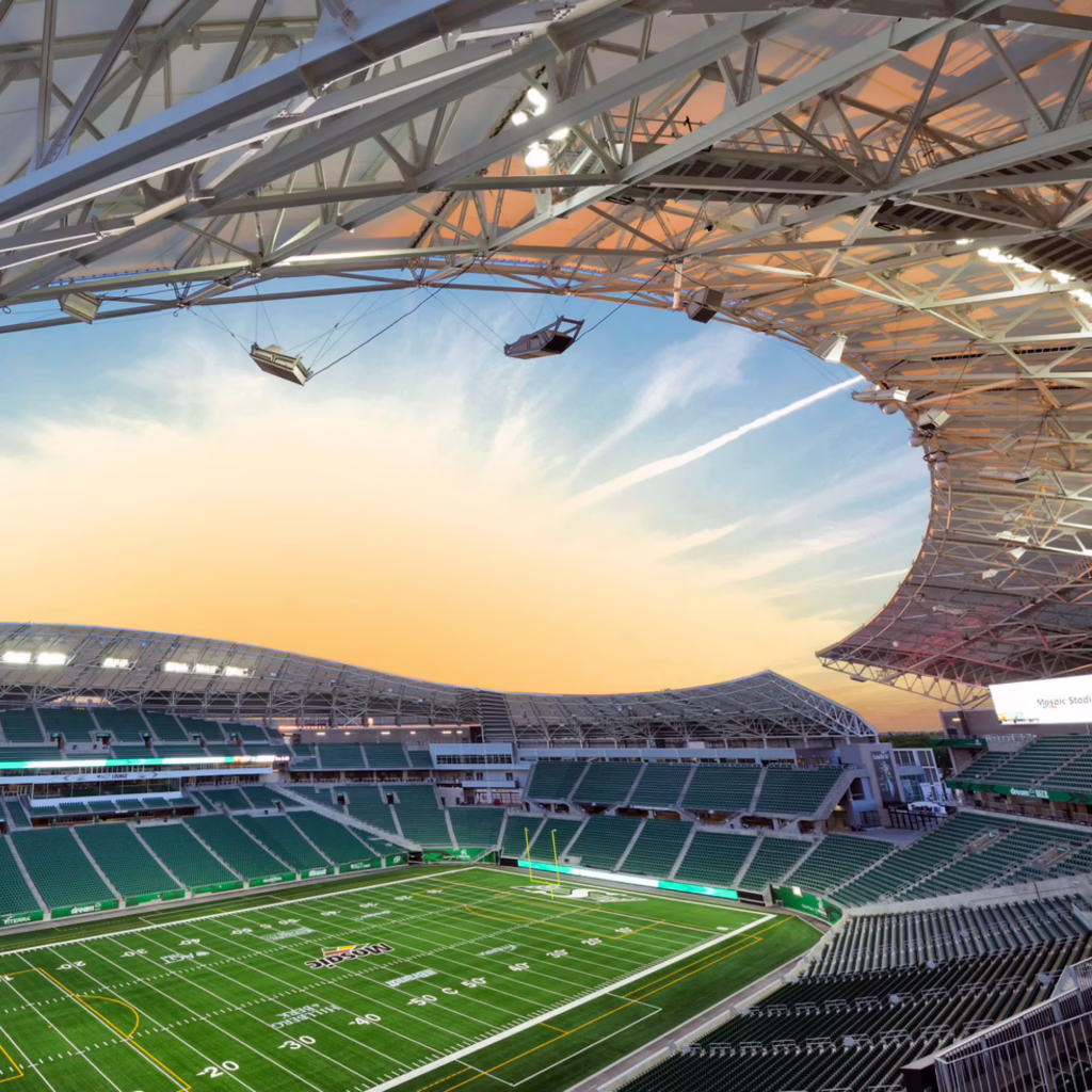 Daytime view of the grandstand canopy at Mosaic Stadium in Regina, Saskatchewan.