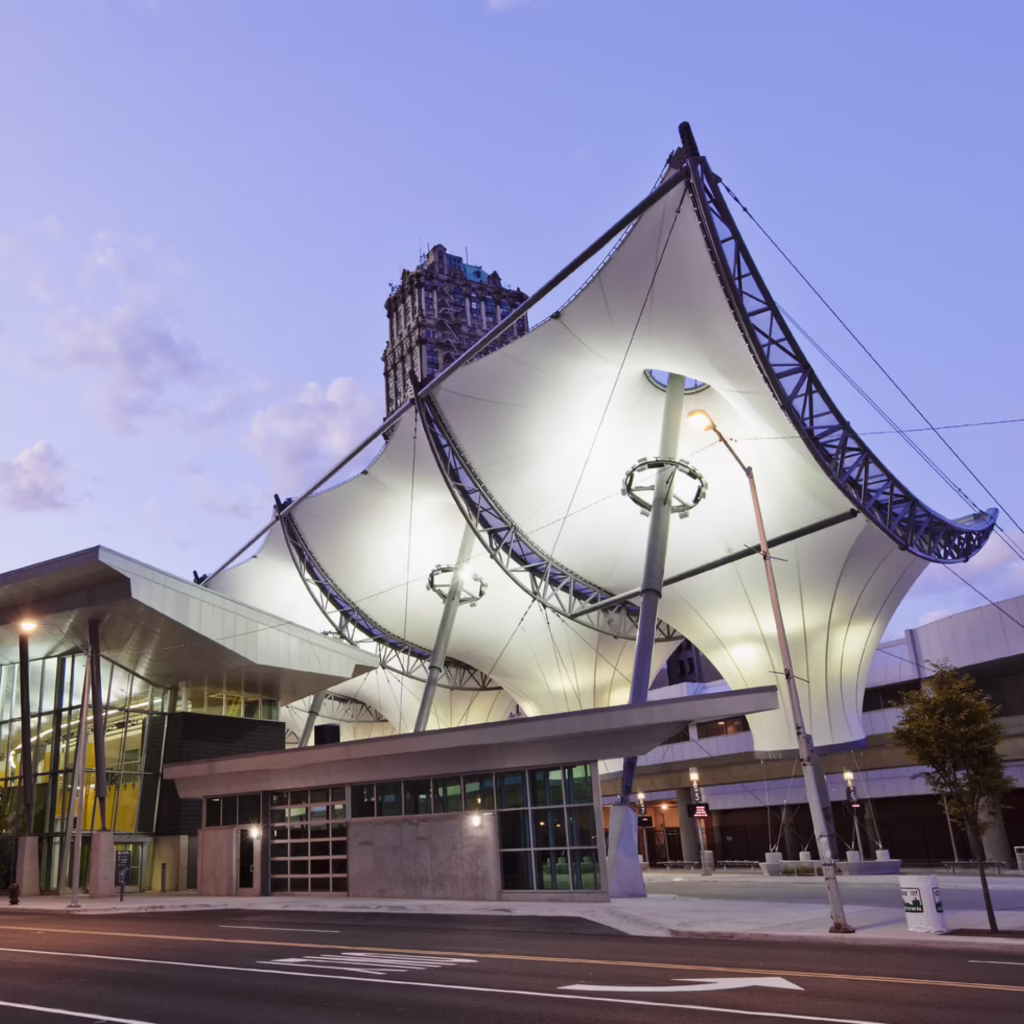 Dusk view of canopies at the Rosa Parks Transit Center in Detroit, Michigan.