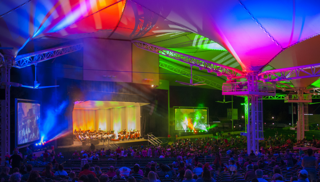 Nighttime view of canopies at the Cynthia Woods Mitchell Pavilion in The Woodlands, TX.