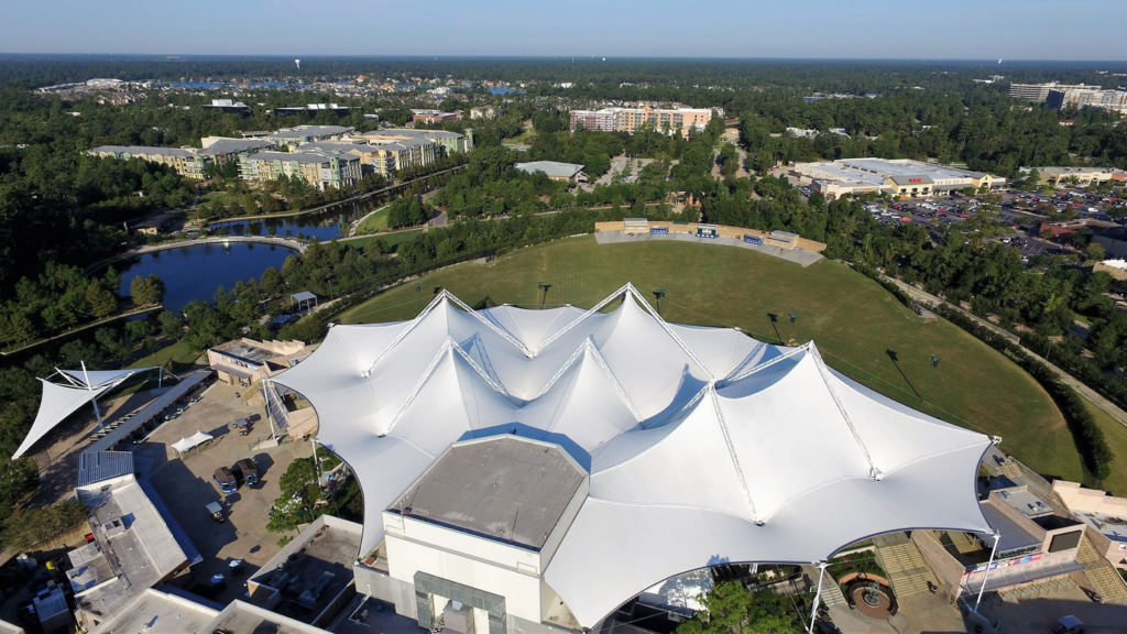 Daytime view of canopies at the Cynthia Woods Mitchell Pavilion in The Woodlands, TX.