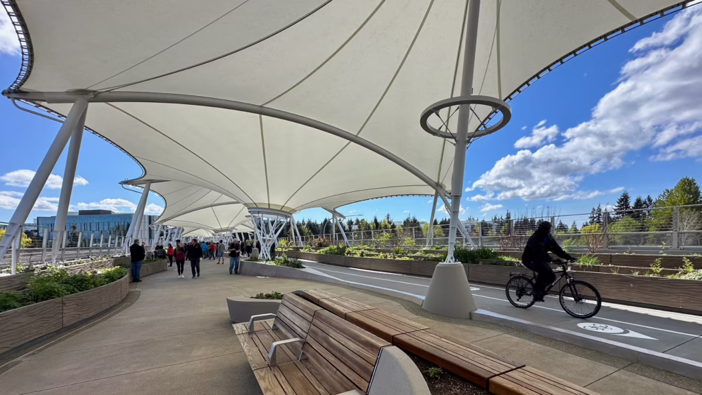 Daytime view of canopies at the Redmond Technology Station Pedestrian Bridge in Redmond, Washington.