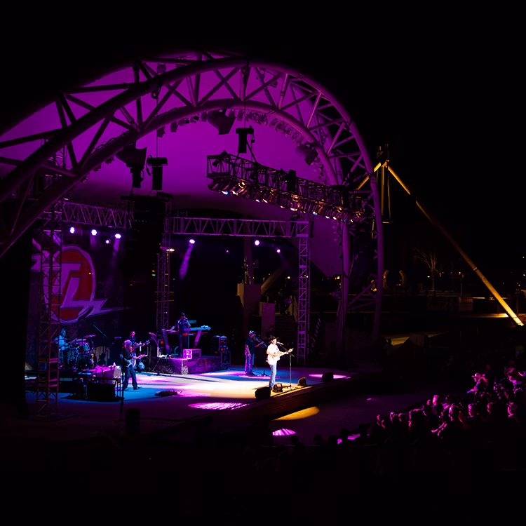 Nighttime view of The Adderley Amphitheater at Cascades Park in Tallahassee, Florida.