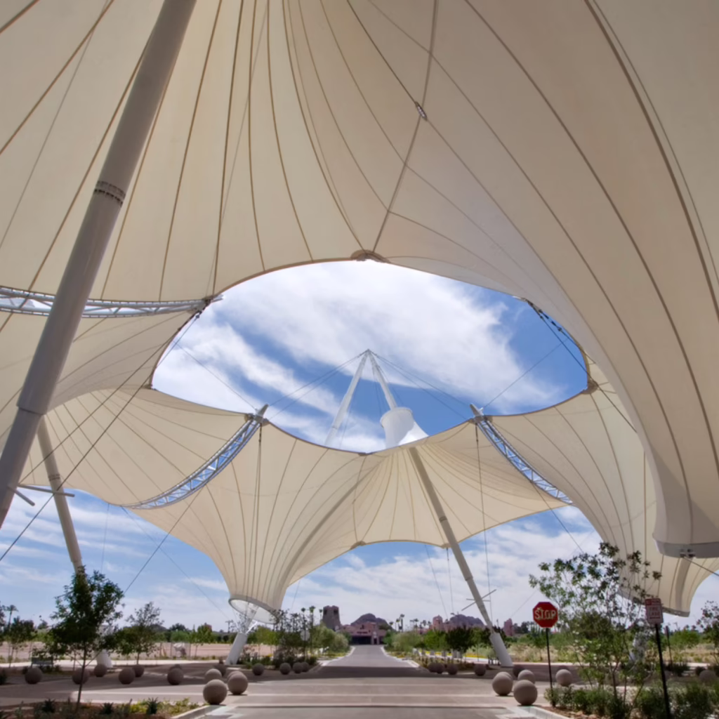 Daytime view of the canopies at SkySong – The ASU Scottsdale Innovation Center in Scottsdale, Arizona.