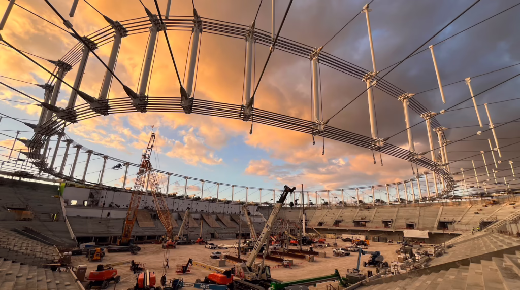 Installation of the spectator canopy at Miami Freedom Park’s Nu Stadium in Miami, Florida.