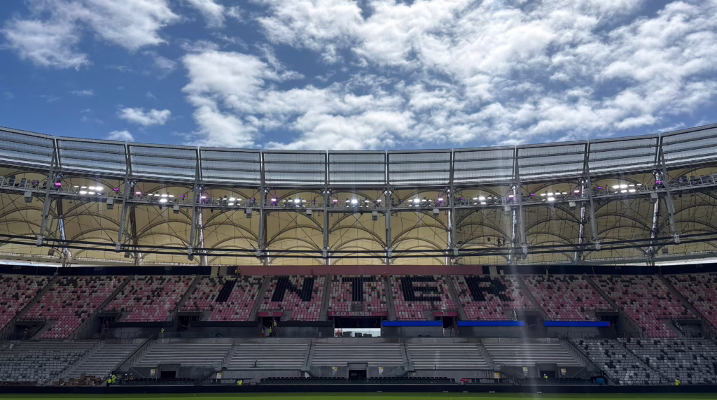 Daytime view of the spectator canopy at Miami Freedom Park’s Nu Stadium in Miami, Florida.