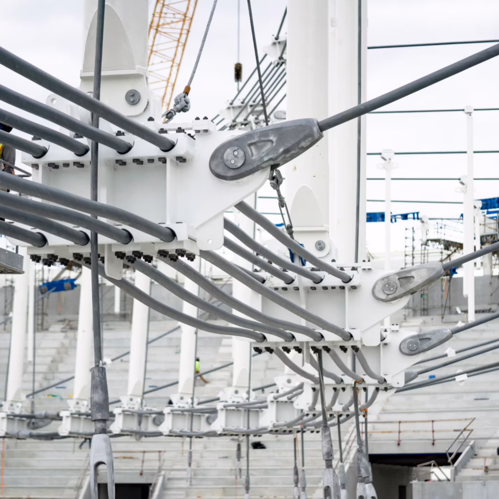 Installation of the spectator canopy at Miami Freedom Park’s Nu Stadium in Miami, Florida.